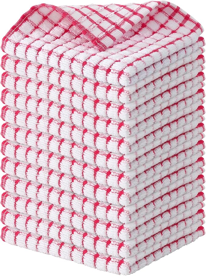 Kitinjoy Cotton 12 Pack Terry Kitchen Dish Cloths, Red | 12 x 12 Inches Super Soft and Absorbent Dish Rags, Quick Drying Dish towels for Washing Dishes
