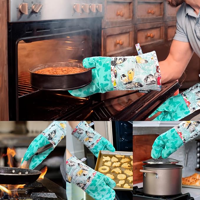 Alselo Oven Mitts 1 Pair, Silicone Printed Kitchen Mittens,7"x13.5" | Heat Resistant & Non-Slip Oven Glove, Fashion Animal Design with Soft Quilted Cotton Lining for Baking Cooking (Turquoise,2)