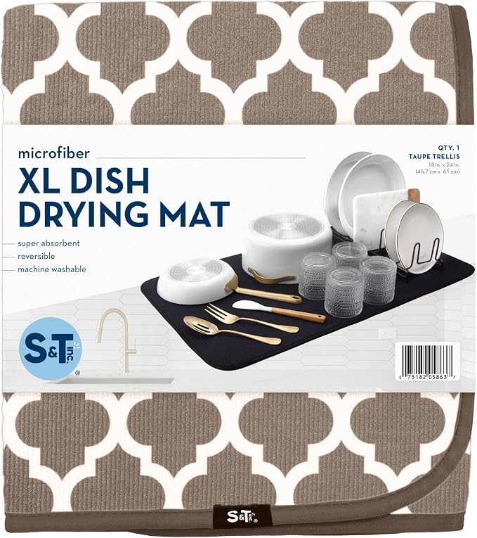 S&T INC. Dish Drying Mat, 18" x 24", XL, Tan Trellis | Absorbent Microfiber, Extra Large Kitchen Counter Mat for Dishes, Utensils, Pots and Pans, Machine Washable