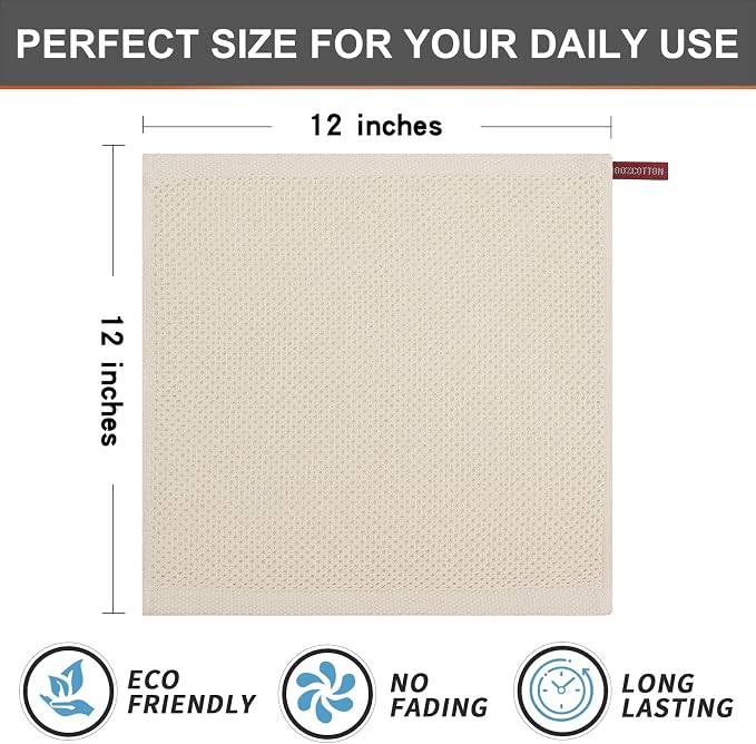 Kitinjoy 100% Cotton Waffle 6-Pack Kitchen Towels, 12" x 12", Beige | Ultra Absorbent, Super Soft, lightweight, Quick Drying Dish Rags for Washing Dishes