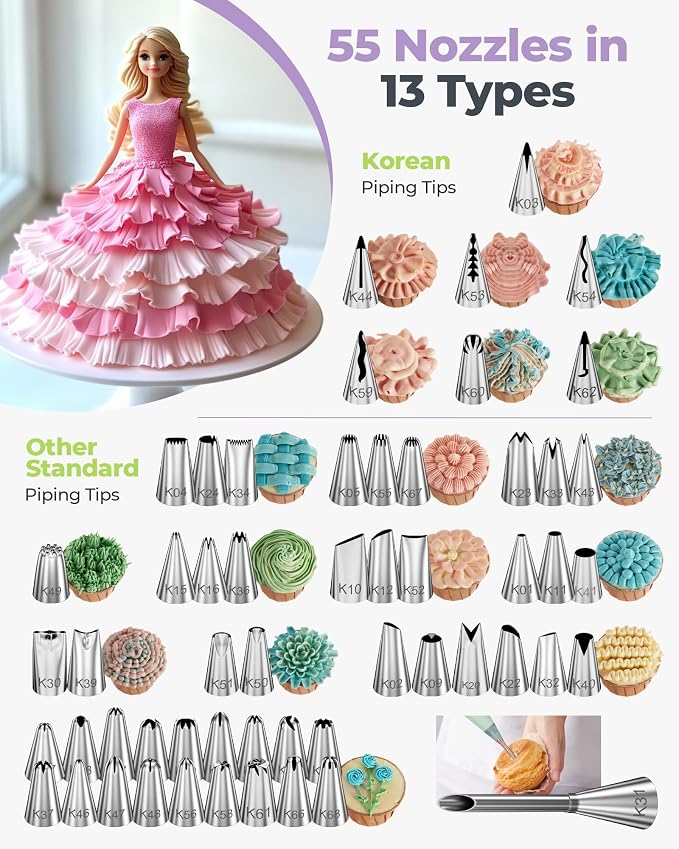 Kootek 90 Piping Bags and Tips Set Frosting Piping Kit for Beginners & Pros | Storage Case, Baking Supplies Kit, 55 Numbered Icing Tips, 20+2 Piping Bags, Pattern Chart, for Cupcake Cookie Cake Decoratin