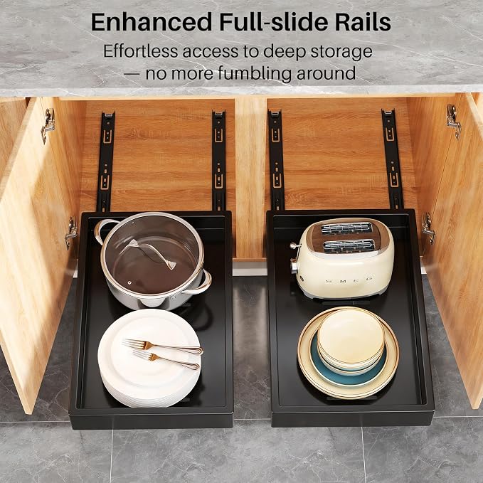 Pull out Cabinet Organizer, 21"Deep, 11.8"Wide Full-Extension Heavy Duty Slide out Drawers with Nano Adhesive, Roll Out Shelves Sliding Cabinet for Kitchen, Bathroom, Pantry,Under Sink Storage(Black)