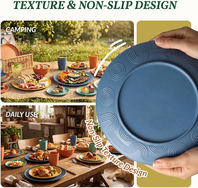 40-Piece Unbreakable Plastic Wheat Straw Dinnerware Set - Multi Color, 8-Person Dish Set for Dinner, Plates, Bowls, Cups & Appetizer Plates - Perfect for Outdoor Camping