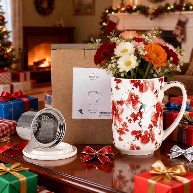AmorArc Tea Cup With Infuser and Lid, 18oz Loose Leaf Tea Mug With Steeper | Porcelain Tea Mug With Infuser and Lid, Large Strainer Tea Cup with Lid for Tea, Coffee Mug for House-warming Birthday Gift