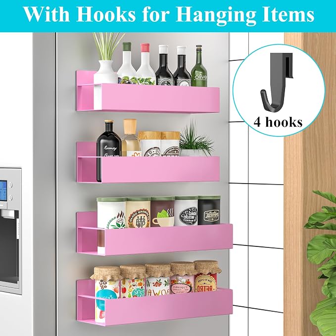Metal Magnetic Spice Rack for Refrigerator Pink, 4 Pack | Magnetic Shelves Heavy Duty for Fridge in Kitchen, Seasoning Storage Organizer, For Oven Washer and Dryer, For Heavier Items