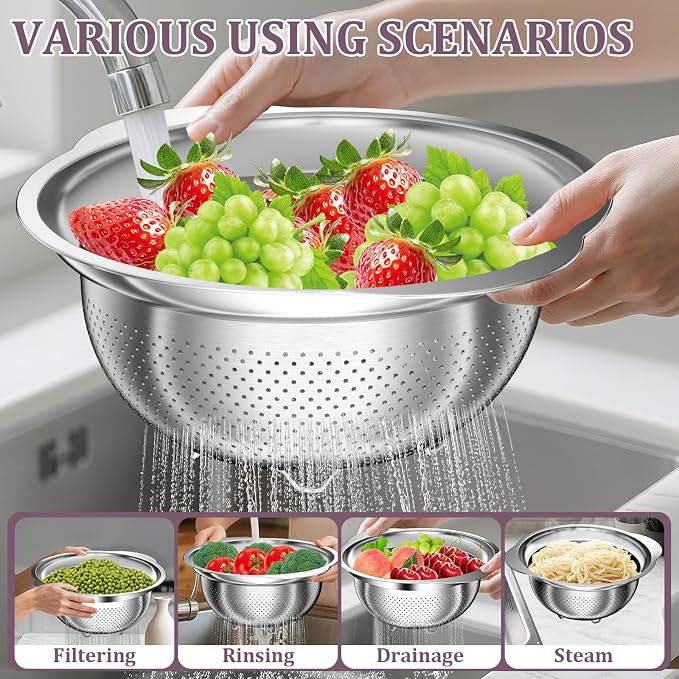 Stainless Steel Colander - 3QT Medium Capacity Strainer with Handle, Kitchen Food Strainer Basket for Washing Vegetables, Fruits, Rice, and Pasta, Kitchen Present for Women