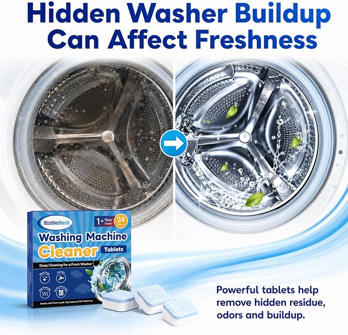Washing Machine Cleaner Tablets 24 Count, Deep Cleaning Washer Cleaner for Front Load & Top Load Washers, HE Washer Cleaning Tablets, Helps Reduce Odors & Buildup