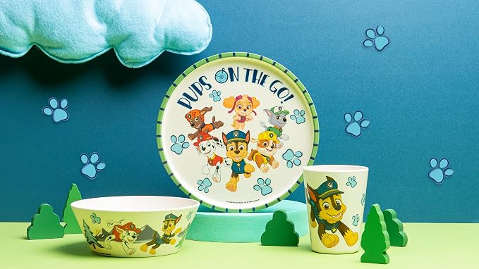 Zak Designs PAW Patrol Kids Dinnerware Set 3 Pieces, Durable and Sustainable Melamine Bamboo Plate, Bowl, and Tumbler are Perfect For Dinner Time With Family (Chase, Marshall, Skye & Friends)