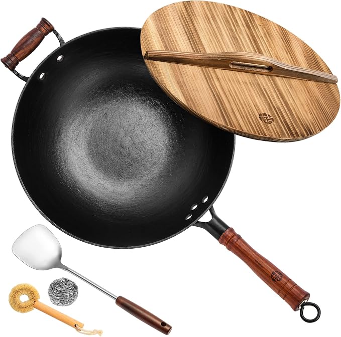WANGYUANJI 13.4 Inch Cast Iron Wok Pan with Lid, Flat Bottom Uncoated Stir Fry Skillet, Heavy Duty Chinese Iron Pot for Family Cooking, Induction & Gas Stoves Compatible