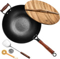 WANGYUANJI 13.4 Inch Cast Iron Wok Pan with Lid, Flat Bottom Uncoated Stir Fry Skillet, Heavy Duty Chinese Iron Pot for Family Cooking, Induction & Gas Stoves Compatible