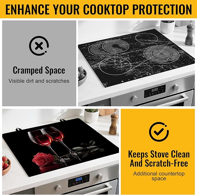 NYZE Stove Top Cover for Electric/Glass Stove, Red Wine Glasses & Rose Flat Top Cooktop Protector, Electric Cooktop Cover, Extra Counter Space for Kitchen