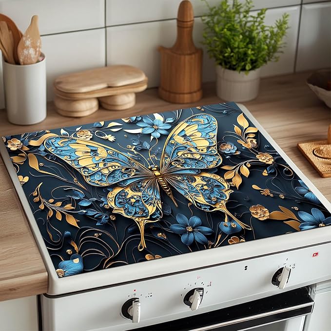 HOMETITUTE Blue Gold Butterfly Stove Top Cover 28x20 Diatomite Mat