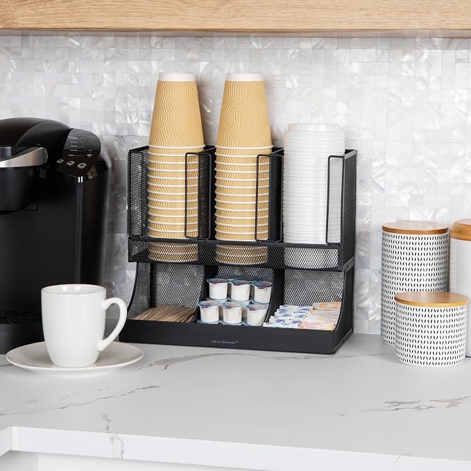 Mind Reader Multipurpose Countertop Organizer, Office Breakrooms, Cup and Condiment Station, Metal Mesh, Black