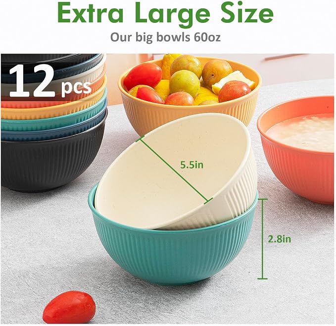 12-Pack of 24 oz Unbreakable Cereal Bowls, Reusable Plastic Lightweight Bowls, Made from Wheat Straw Fiber, Ideal for Salads, Soups, Ramen, Noodles, and Oatmeal