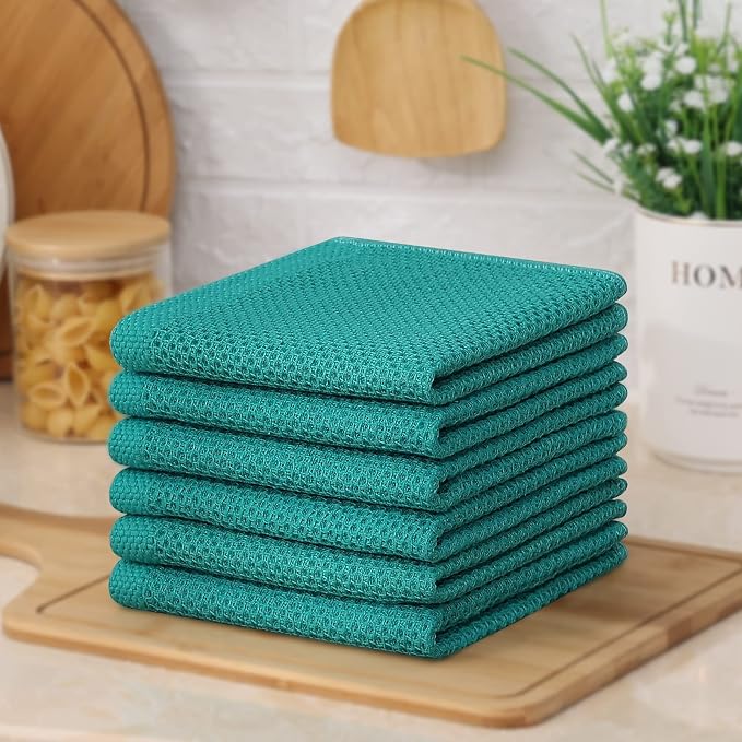 Kitinjoy 100% Cotton Waffle 12-Pack Kitchen Towels, 12" x 12", Teal | Ultra Absorbent, Super Soft, lightweight, Quick Drying Dish Rags for Washing Dishes
