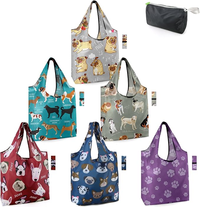 BeeGreen Dog Lover Gifts for Women Animals Reusable Grocery Bags Shopping Bags Bulk 6 Pack 50LBS X-Large Foldable-Machine Washable Shepherd Collie Bulldog Dog Paws Pet Bags