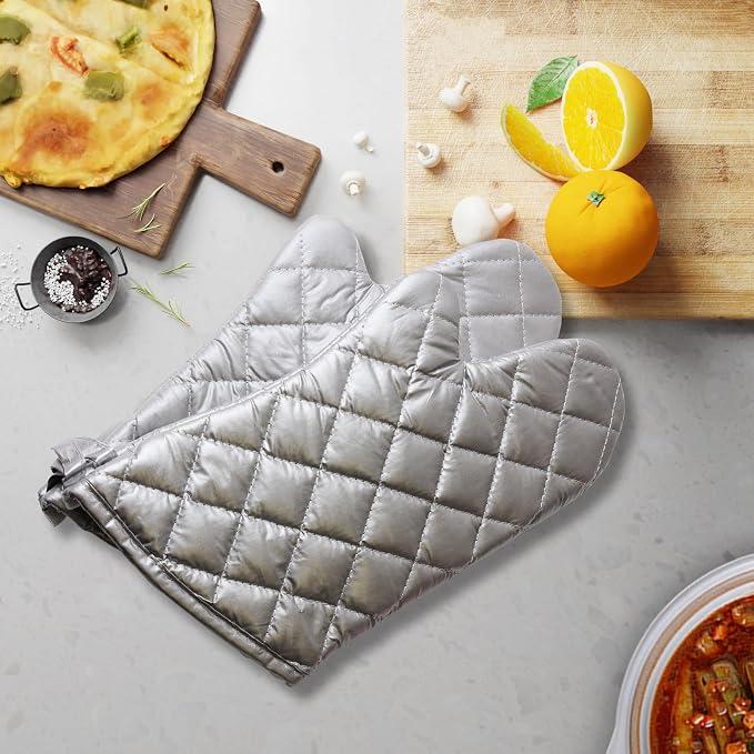 Silver 13" Quilted Oven Mitts Set of 2 Heat Resistant for Kitchen Grill | Quilted Lining, 1 Pair, Heat Resistant, Classic, Cotton Blend, Cooking, Baking, Grilling, Non-Slip Grip