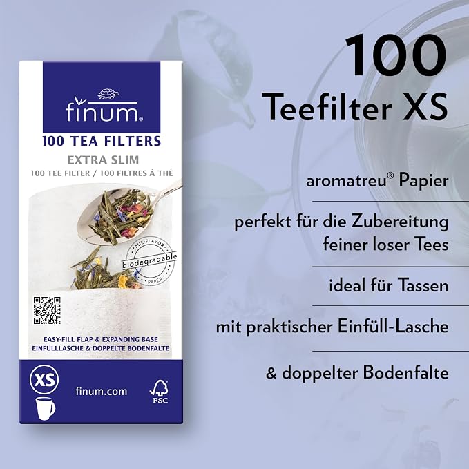 Finum Disposable Paper Tea Filter Bags for Loose Tea, White, Extra Slim, 100 Count
