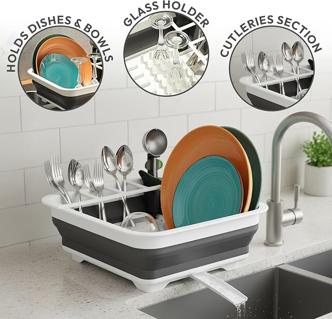 Collapsible Dish Drying Rack, Pop-Up with Drainboard, 8 Plate Capacity | Dish Strainer and Drainer, Over Sink Plate Rack, Utensil Holder, Plastic Rust-Free, Portable for RV Camping Kitchen Counter