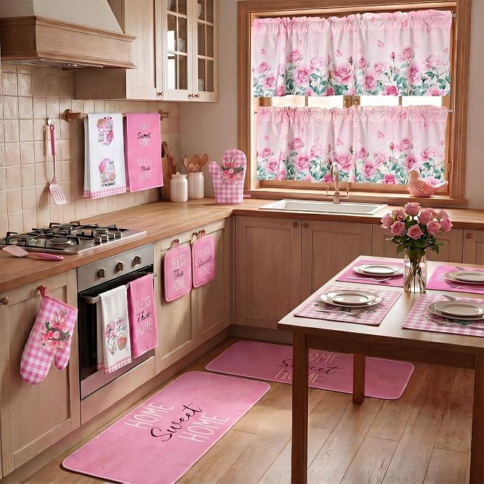 Fourluoo 16 Pcs Pink Rose Kitchen Decor Set Kitchen Towels Placemats Non Slip Rugs and Mats for Floor Oven Mitts Gloves Pot Holders Floral Curtains for Home Decoration Gift