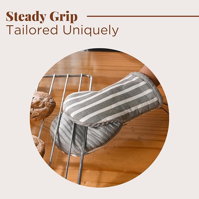 Folkulture Oven Mitts, Striped Gray, Set of 2, Heat Resistant - (5.75"x9") | 100% Cotton, Non Slip, Silicone, Cute Striped Mini Mits with Hanging Loop, Kitchen Décor, Cooking Gifts, New Home Essentials