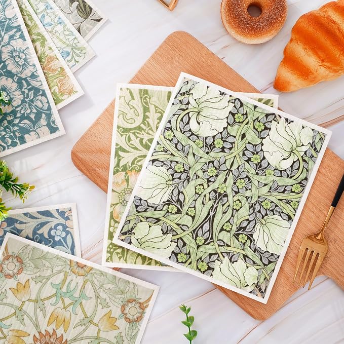 8 Packs Foliage Swedish Dishcloths, Blue Green Floral, 7 x 8 Inch | Vintage Flower, Kitchen Dish Towel, Cotton, Reusable, Washable, for Home Party Cleaning Housewarming