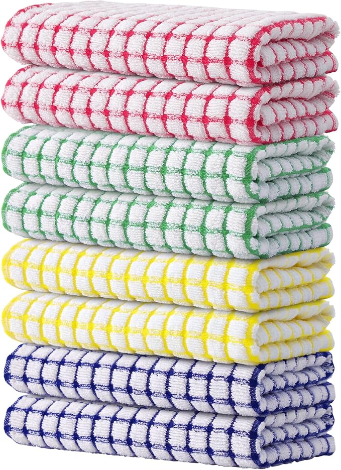 Kitinjoy Cotton 8 Pack Terry Kitchen Towels, Multiple Colour | 16 x 25 Inches Super Soft and Absorbent Dish Towels, Quick Drying hand towels for kitchen Drying