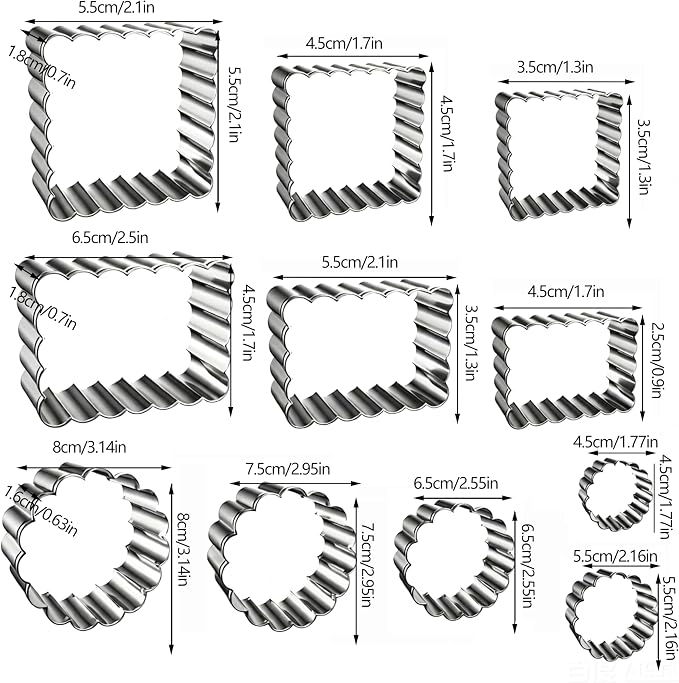11Pcs Scalloped Cookie Cutter Set, Assorted Sizes-Include3 Square,3 Rectangle and 5 Round Fondant Molds,Reusable with Jagged Edge Design for a Special Event Holiday Everyday Treat (11Pcs)