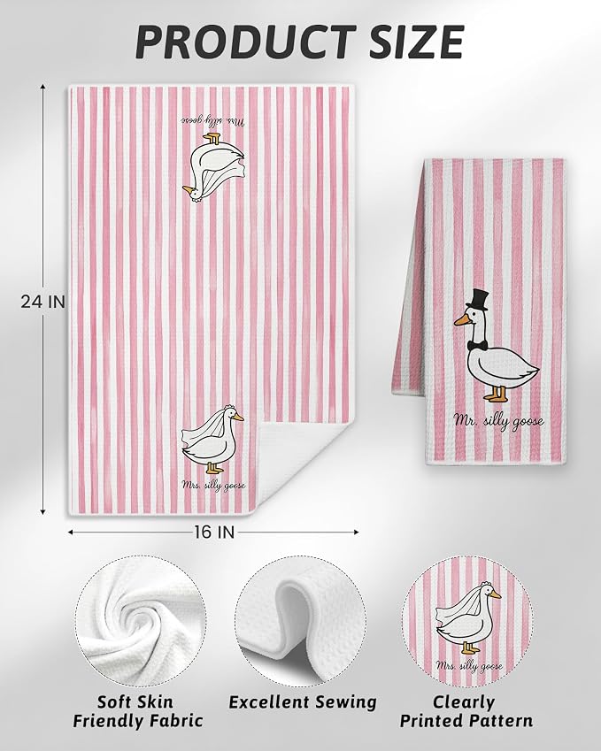 Mr and Mrs Goose Pink Striped Kitchen Towels 16x24 Inch, Wedding Gifts for Couples Newlyweds Dish Tea Towels for Kitchen Decor, Just Married Gifts Decorative Hand Towel for Bathroom, Set of 2
