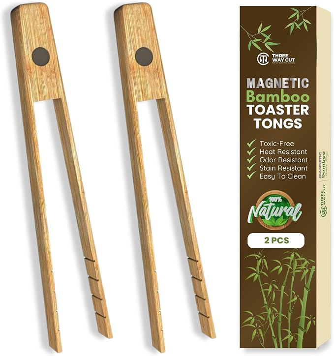 Toaster Tongs With Magnet | Bamboo Kitchen Utensils For Cooking & Holding Toast Bacon Muffin Bagel Bread | 8" Long Natural Toxic Free Magnetic | 2pcs Set