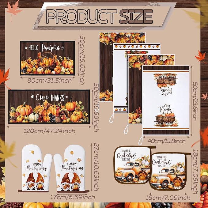 Fourluoo 10 Pcs Fall Pumpkin Kitchen Decor Set for Gift Cooking | Includes 4 Microfiber Towels, 2 Polyester Rugs and Pot Holders, Plus Foam Insulated Oven Mitts for Daily Kitchen Tasks