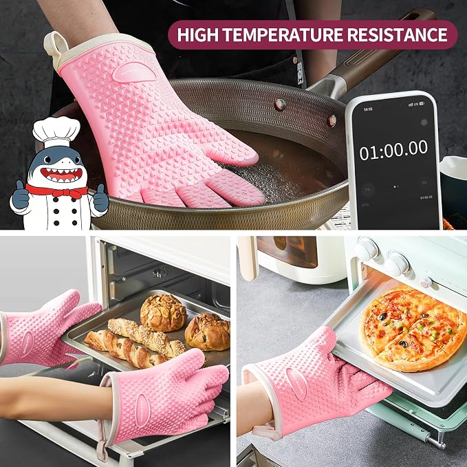MAD SHARK Silicone Oven Mitts with Fingers Heat Resistant 450°F in Kitchen | Waterproof & Non-Slip Oven Gloves,Cotton Lined Silicone Kitchen Mitts for Baking Cooking Barbecue,Women (Pink)