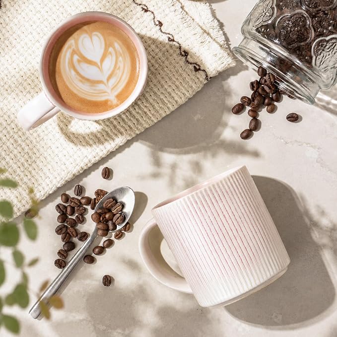 theterra Ceramic Coffee Mugs Set of 6, 14.2 oz Coffee Cups with Handle | Handmade, Suitable for Latte, Tea, Milk, Beer & Hot Cocoa, Primrose Pink