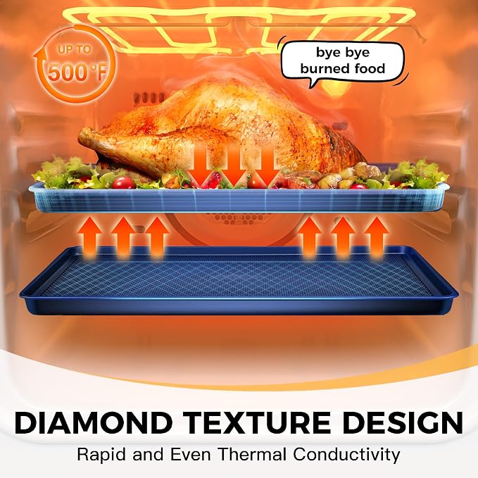 Baking Sheet Pan Set, Cookie Sheets for Oven, Nonstick Half/Quarter/Jelly Roll Pans with Diamond Texture Pattern, Heavy Duty Cookie Tray, Dark Blue