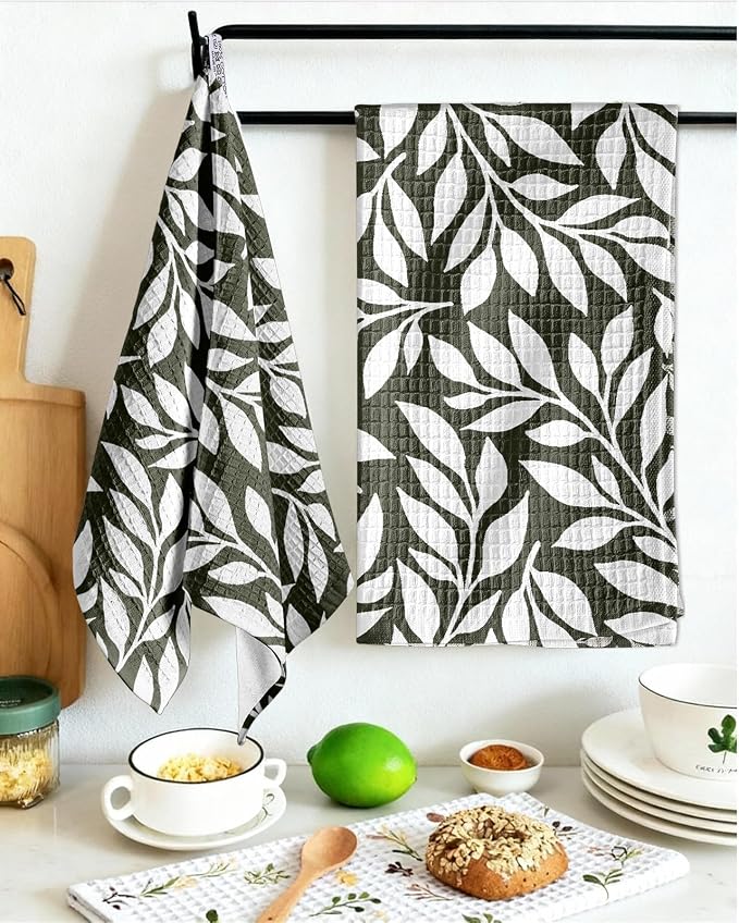 370GSM Cotton Waffle Kitchen Towels, Leaf | Pure Cotton, Sustainable, Waffle Weave, Terry Cloth, Highly Absorbent, Decorative, 16"x25", with Hanging Loop