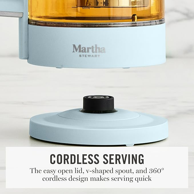 Martha Stewart 1.7L Glass Carafe Electric Kettle with Removable Tea Infuser | 7 Cups, 4 Presets, Rapid Boiling, Stainless Steel Tea Leaf Infuser, Cordless Swivel Base, Keep Warm, Auto Shut-Off, Sky Blue