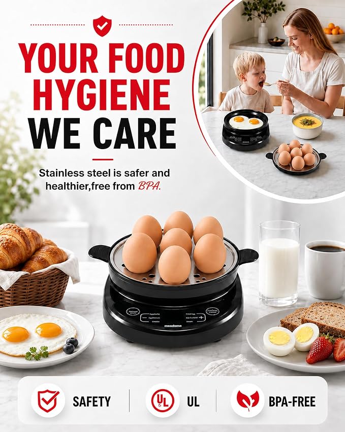 Rapid Egg Cooker, Stainless Steel Electric Egg Steamer for Hard and Soft Boiled Eggs, Fried Egg and Omelet Maker, Auto Shut-Off, Dishwasher-Safe Parts, BPA-Free, Holds 7 Eggs, Black