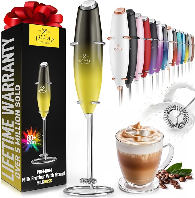 Zulay Powerful Milk Frother for Coffee with Upgraded Titanium Motor - Handheld Electric Whisk, Milk Foamer, Mini Mixer & Coffee Blender for Frappe, Latte, Matcha, No Stand - Honey Bee