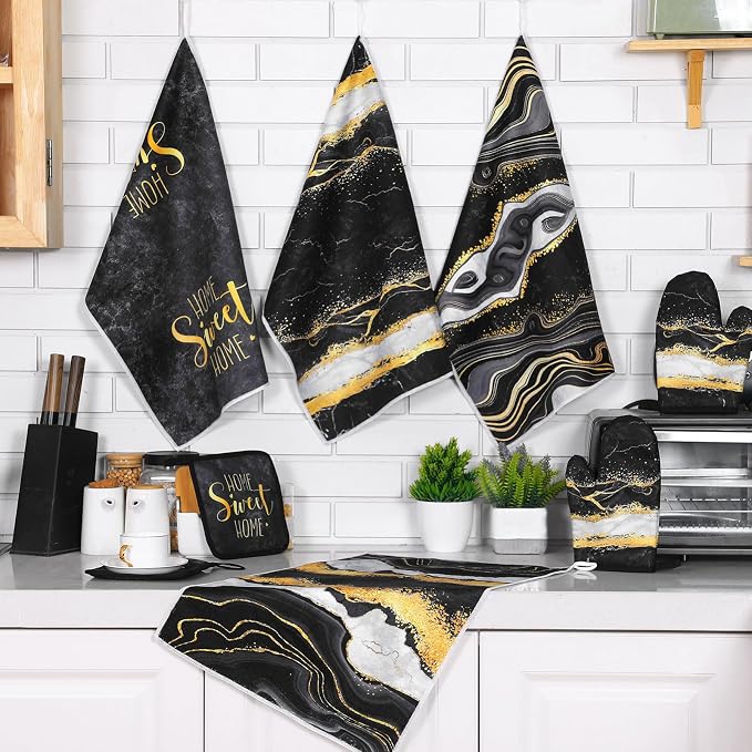 Leinuosen 8 Pcs Black and Gold Marble Kitchen Towels and Dishcloths Sets Oven Mitts and Pot Holders Absorbent Kitchen Gloves Potholders Heat Resistant for Chef Baking Cooking