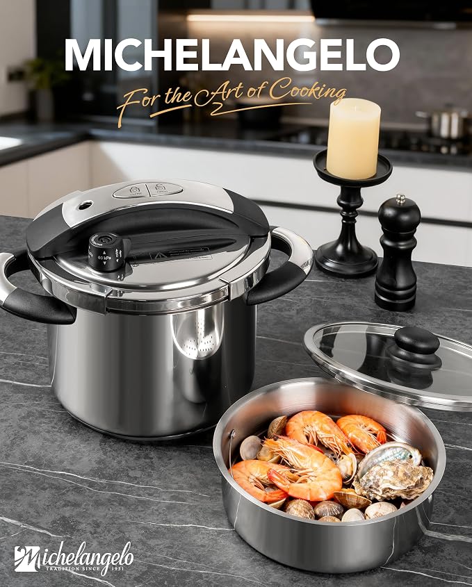 MICHELANGELO 6.3QT Pressure Cooker Stainless Steel, Induction Ready | Safer Pressure Control for Beans, Stews, Rice and Broth, One-Touch Locking Lid, with Glass Lid, Steamer and A Spare Gasket