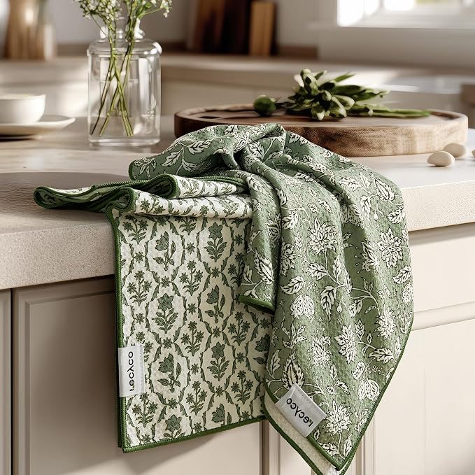 RECYCO Waffle Kitchen Towel Set of 2 - Quick Dry Microfiber Sustainable Dish Towels - Ultra Absorbent Reusable Cleaning Tea Towels - Lightweight Hand Towels,16”x 28”, Thyme & Vine