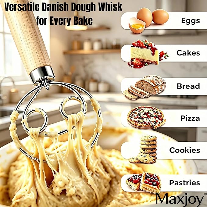 Maxjoy Danish Dough Whisk Stainless Steel Wood Handle for Sourdough Bread | 2-Eye No-Clump Dutch Whisk, Food-Safe Steel Head, Non-Slip Wood Grip, Hand Dough Mixer, Dishwasher Safe, for Sourdough Baking