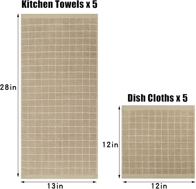 Homaxy Kitchen Towels and Dishcloths Set, Set of 10, Tan | Bulk Cotton Terry Kitchen Towels, Checkered Designed, Soft and Super Absorbent Dish Towels, 12 x 12 and 13 x 28 Inches