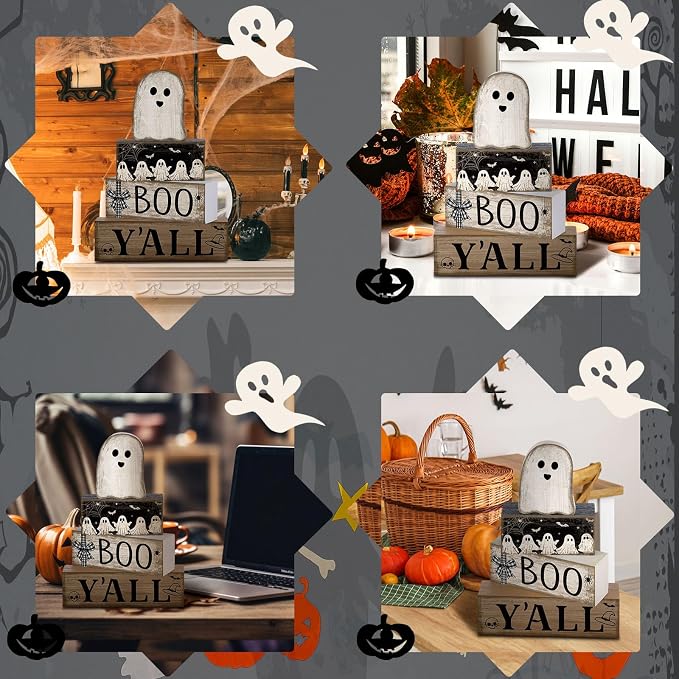 Lineshading 4 Pcs Halloween Table Decoration Wooden Ghost Tiered Tray Decor | Ghost Stackable Blocks Signs, Halloween Wooden Centerpiece with BOO YALL Signs, Rustic Home Decor for Tabletop Kitchen Shelf