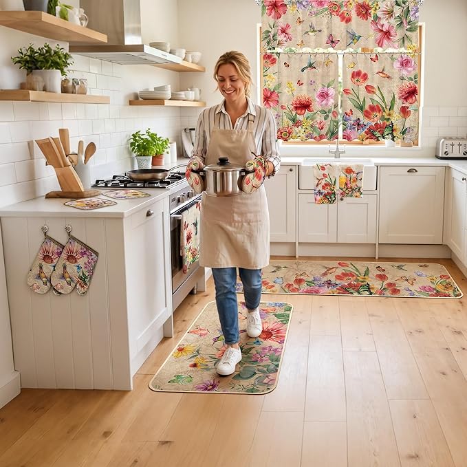 13 Pcs Wildflowers Grass Kitchen Decor Set 3 Hummingbird Kitchen Curtains Valance 2 Spring Rugs and Mats 4 Towels 2 Pot Holders 2 Oven Mitts for Home Cooking Grilling Housewarming Gift
