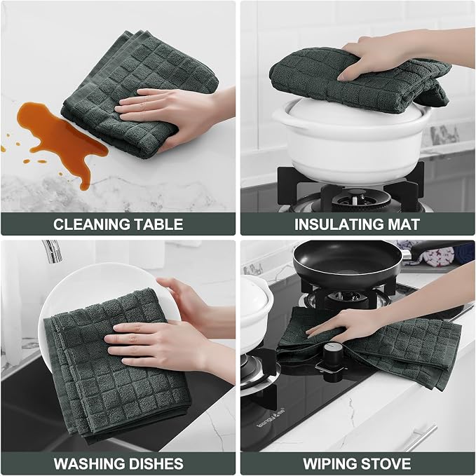 Homaxy Large Premium Cotton Kitchen Towels 16"x 28", 12 Pack, Dark Green | Natural Ring Spun 390 GSM Dish Towels, Super Absorbent Terry Kitchen Hand Towels, Soft Tea Towels with Hanging Loop