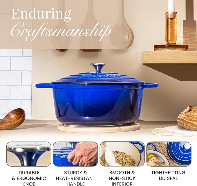 Cast Iron Dutch Oven with Lid - Non-Stick Ovenproof Enamelled Casserole Pot - Sturdy Dutch Oven Cookware - Dark Blue, 7.3-Quart, 30cm - by Nuovva