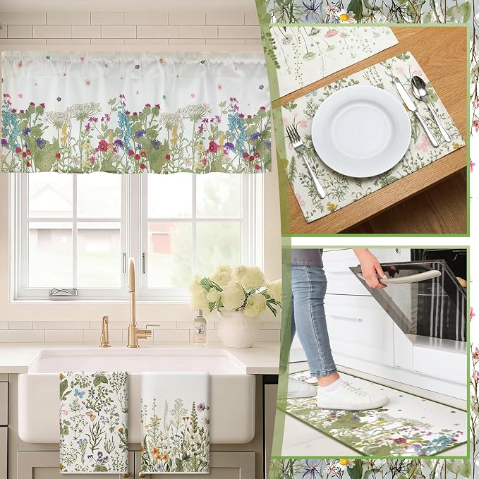 Fourluoo 16 Pcs Wildflower Floral Kitchen Decor Set Spring Kitchen Towels and Dishcloth Non Slip Rug Floor Mat Farmhouse Flower Oven Mitts and Pot Holder Retro Curtain Set for Home Decoration Gift