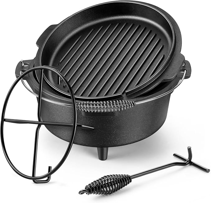 HaSteeL 7 QT Cast Iron Dutch Oven, Large 2 in 1 Camp Pre-Seasoned Deep Pot & Lid Skillet Pan, Heavy Thick 7 Quart Multiple Cookware with Feet for Outdoor Camping Baking, Bracket and Lid Lifter