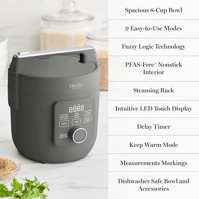 Martha Stewart 8 Cup Cooked (4 Cup Uncooked) Rice Cooker & Steamer, Caviar | PFAS-Free Ceramic Nonstick Removable Pot, 9 Modes, Keep Warm, Steamer, White & Brown Rice, Quinoa, Grains, Oats, Easy Clean